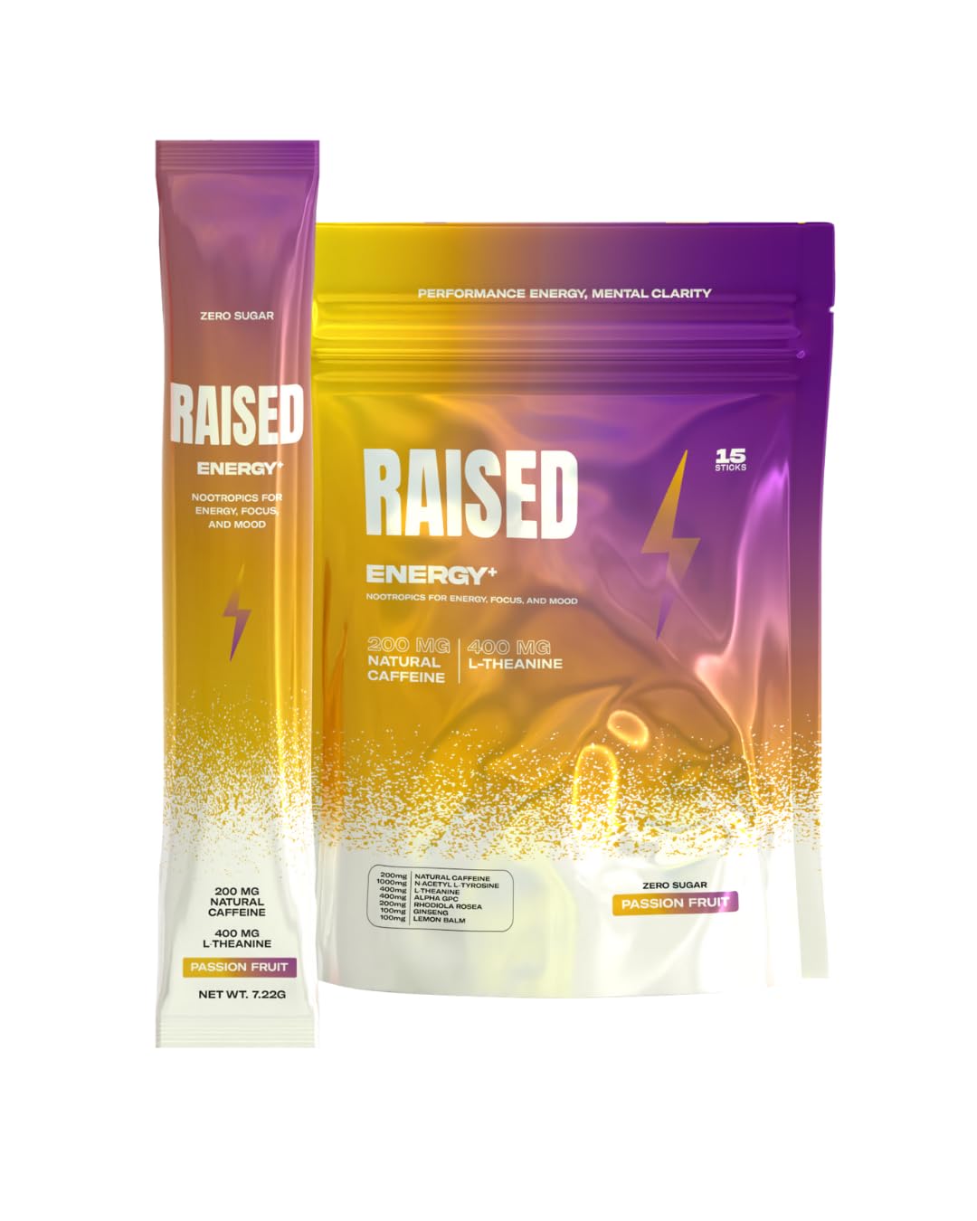 Raised Energy+ Nootropic Drink Mix | 200mg Natural Caffeine + L-Theanine | Zero Sugar | Clean Energy Powder for Focus, Mood & Motivation | 15 Stick Packs | Passion Fruit Flavor - Maple Wellness Supplements