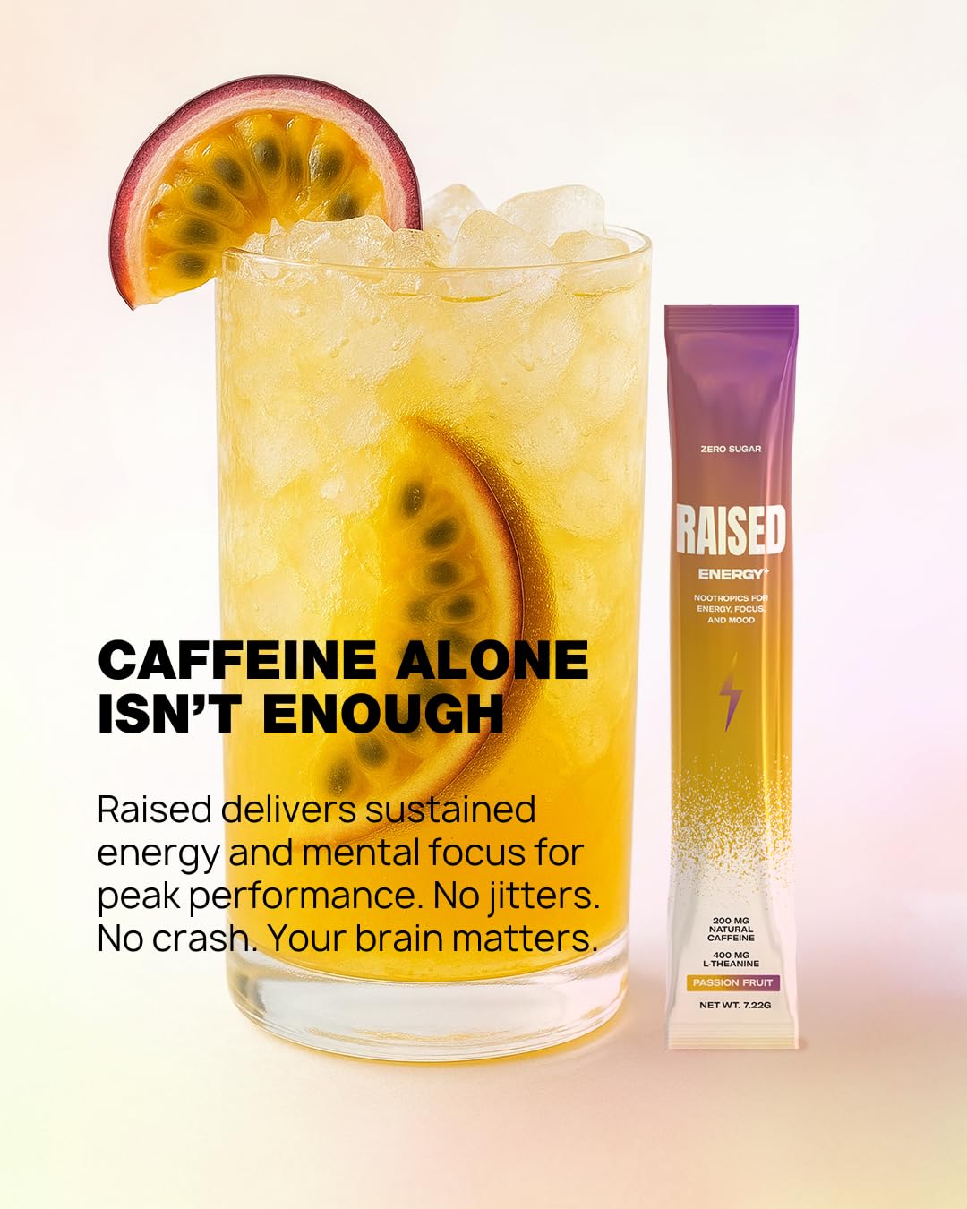 Raised Energy+ Nootropic Drink Mix | 200mg Natural Caffeine + L-Theanine | Zero Sugar | Clean Energy Powder for Focus, Mood & Motivation | 15 Stick Packs | Passion Fruit Flavor - Maple Wellness Supplements