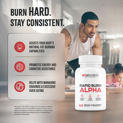 Rapid Burn Alpha - Fat Burner for Men - Supports Healthy Pathways Associated with Activity - Supports Appetite Control, Energy Booster, Helps Increase Metabolism & Fat Loss - 60 Unisex Capsules - Maple Wellness Supplements