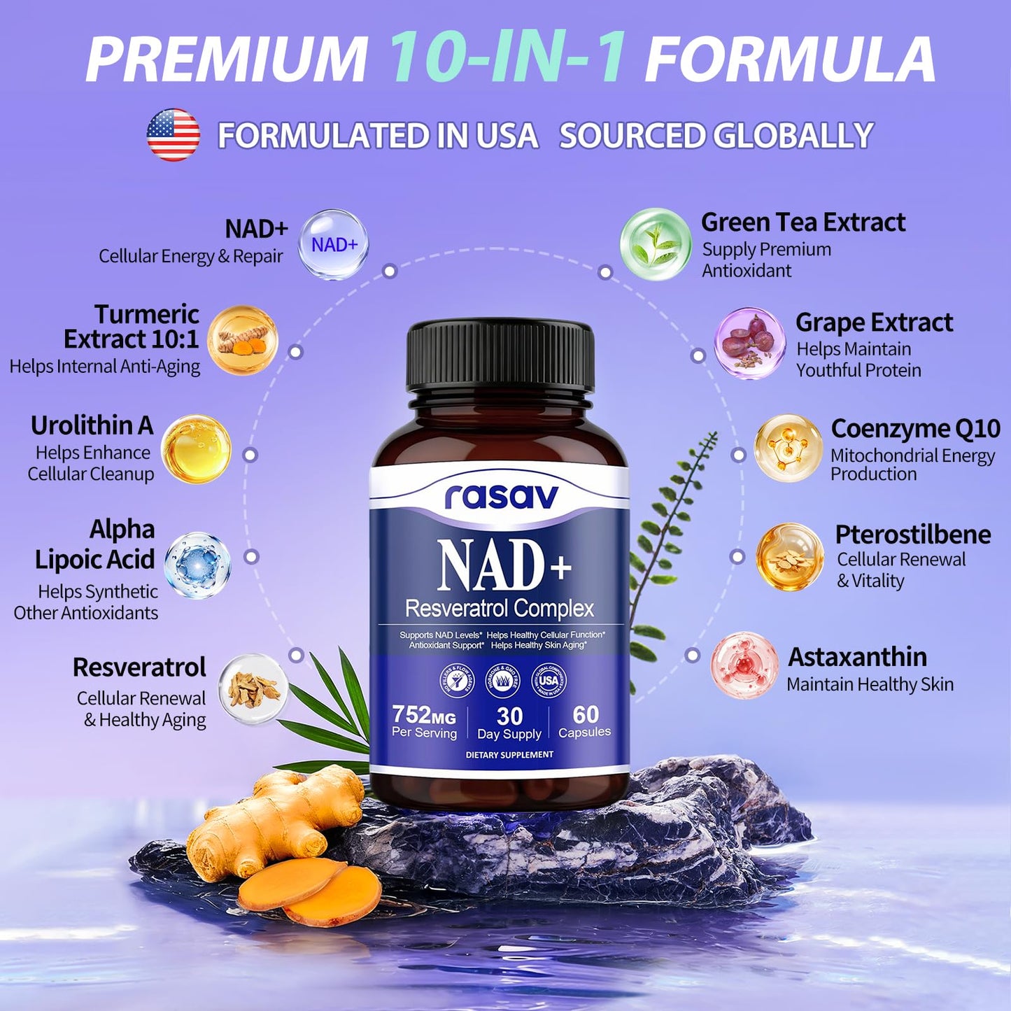 Rasav NAD Supplement 10-in-1 Extra Strength – NAD Resveratrol with CoQ10, Urolithin A, Green Tea Extract & ALA – NMN Supplement Alternative for Women & Men - Maple Wellness Supplements