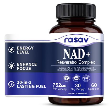 Rasav NAD Supplement 10-in-1 Extra Strength – NAD Resveratrol with CoQ10, Urolithin A, Green Tea Extract & ALA – NMN Supplement Alternative for Women & Men - Maple Wellness Supplements