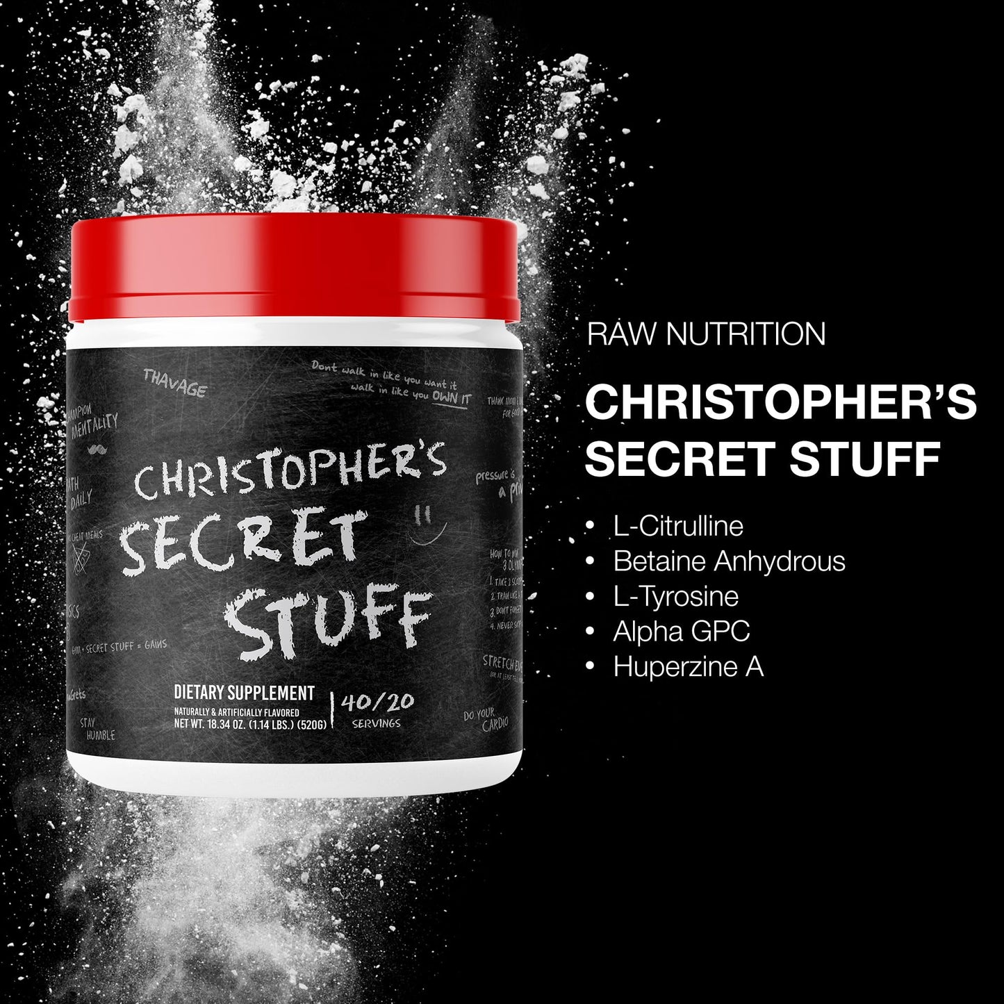 RAW Christopher's Secret Stuff Pre Workout Powder, Thavage (Tastes Like Winning) - Chris Bumstead CBUM Preworkout Supplement for Men & Women - Working Out, Hydration & Energy - 40 Servings - Maple Wellness Supplements