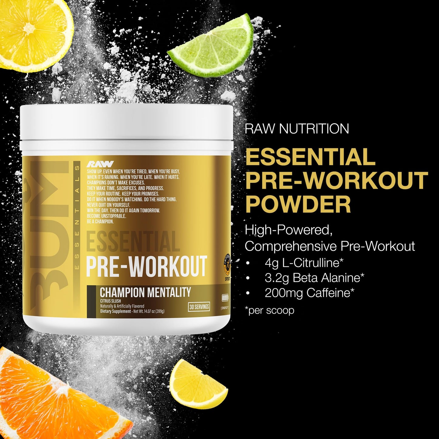 RAW Essential Pre-Workout Powder (Champion Mentality) - Chris Bumstead Sports Nutrition Supplement for Men & Women - Preworkout Energy Powder with Caffein - Maple Wellness Supplements