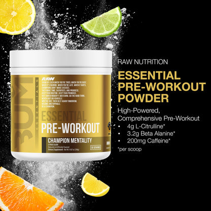 RAW Essential Pre-Workout Powder (Champion Mentality) - Chris Bumstead Sports Nutrition Supplement for Men & Women - Preworkout Energy Powder with Caffein - Maple Wellness Supplements