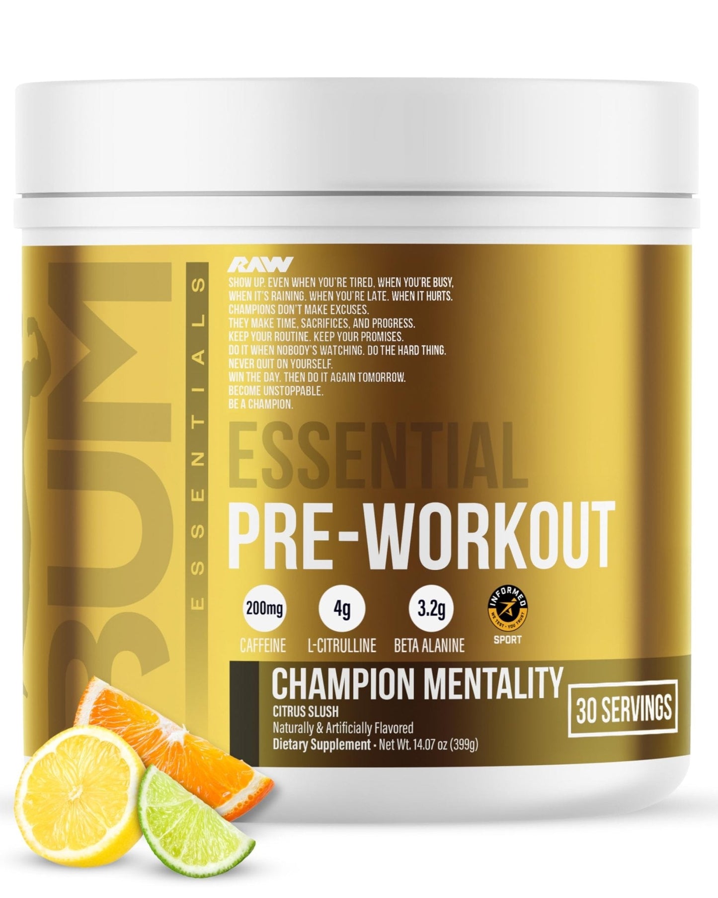 RAW Essential Pre-Workout Powder (Champion Mentality) - Chris Bumstead Sports Nutrition Supplement for Men & Women - Preworkout Energy Powder with Caffein - Maple Wellness Supplements