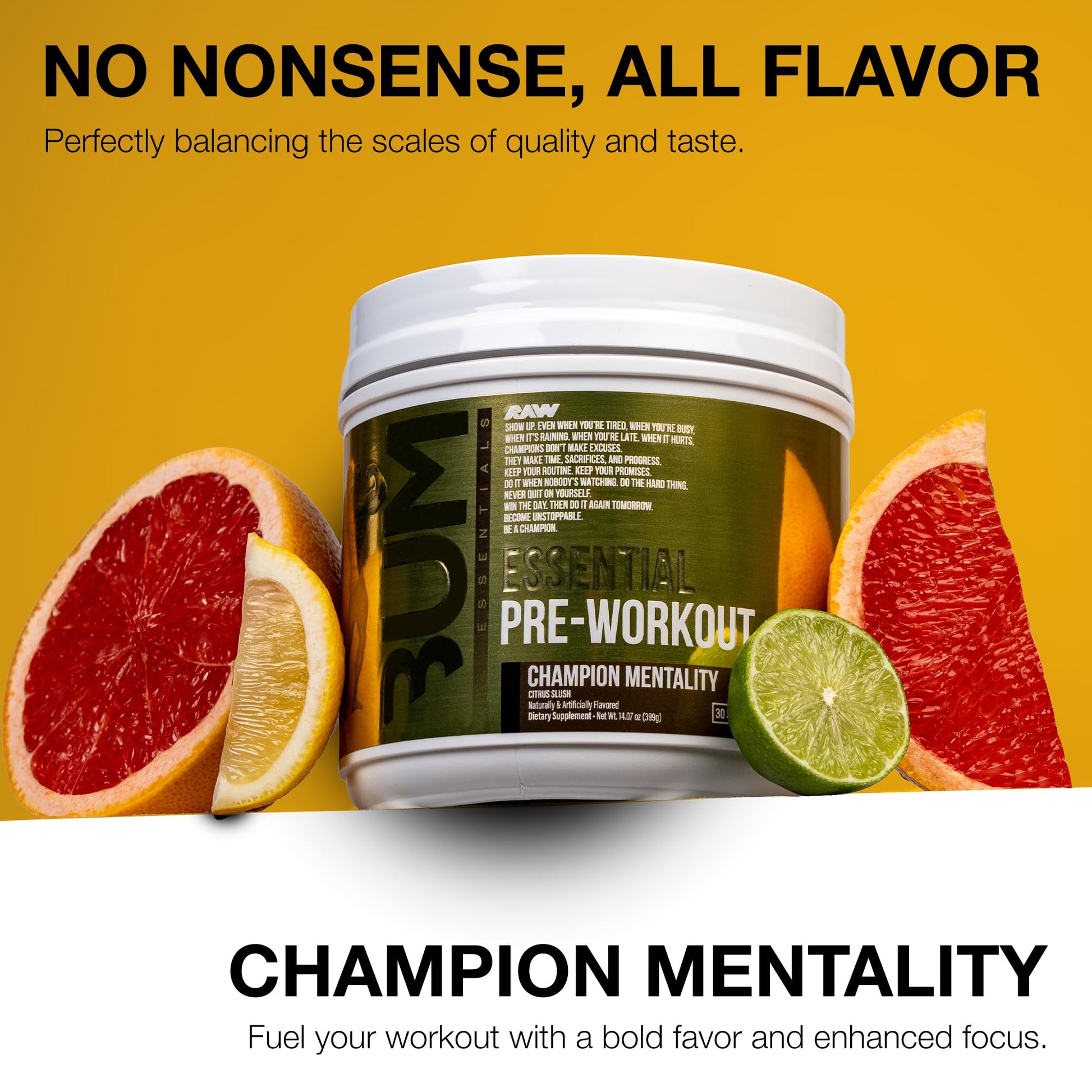 RAW Essential Pre-Workout Powder (Champion Mentality) - Chris Bumstead Sports Nutrition Supplement for Men & Women - Preworkout Energy Powder with Caffein - Maple Wellness Supplements