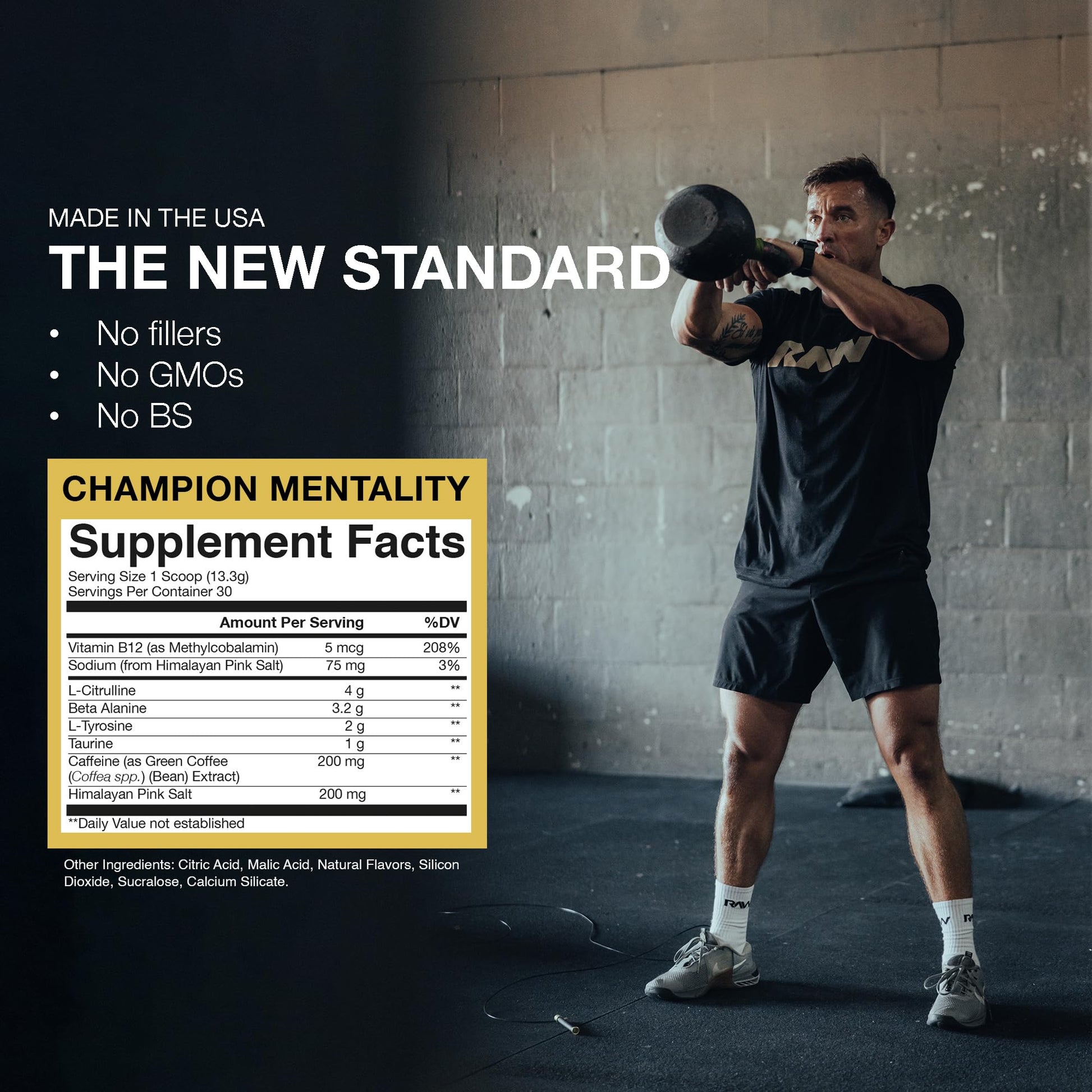 RAW Essential Pre-Workout Powder (Champion Mentality) - Chris Bumstead Sports Nutrition Supplement for Men & Women - Preworkout Energy Powder with Caffein - Maple Wellness Supplements