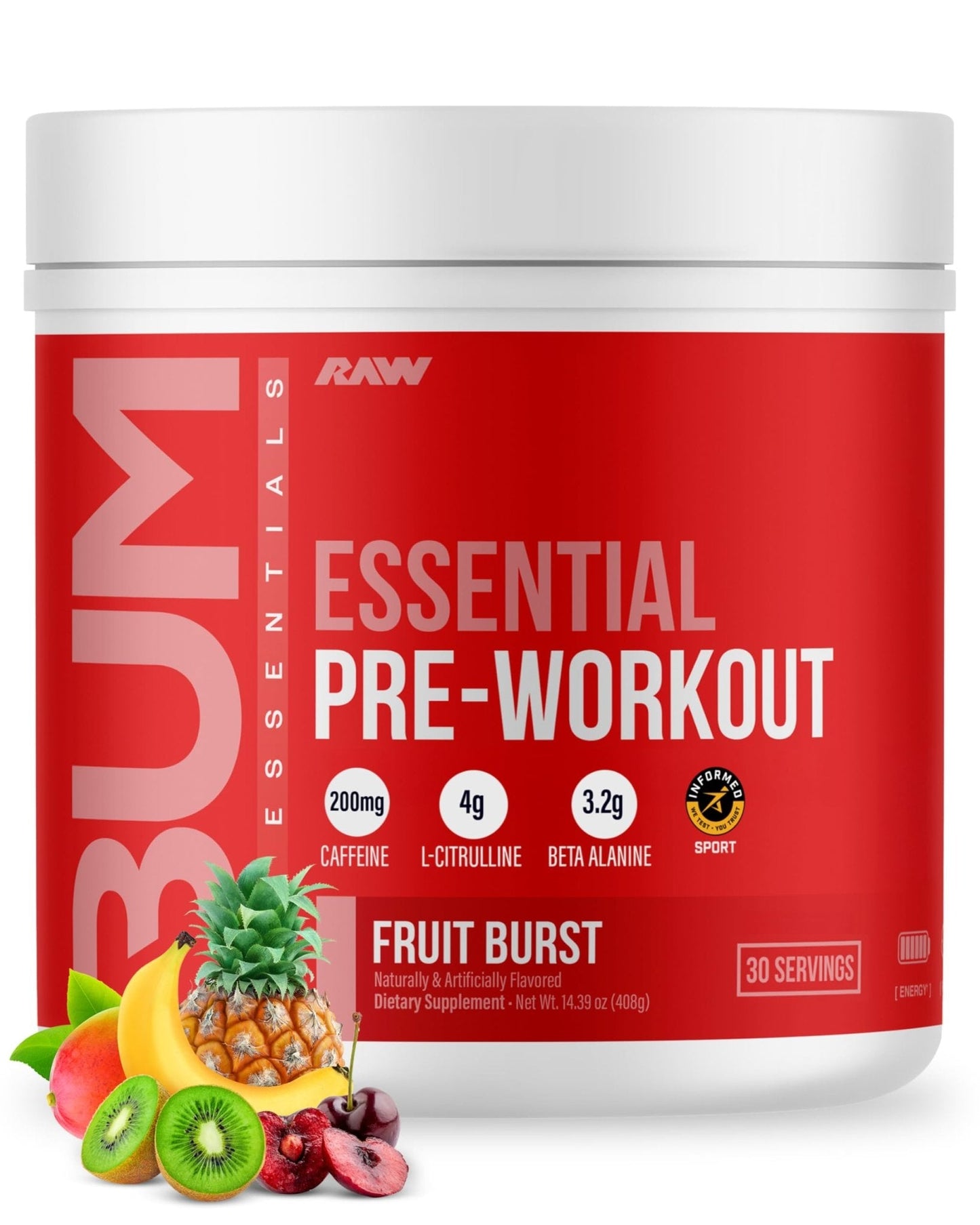 RAW Essential Pre-Workout Powder (Fruit Burst) - Chris Bumstead Sports Nutrition Supplement for Men & Women - Preworkout Energy Powder with Caffeine - Maple Wellness Supplements
