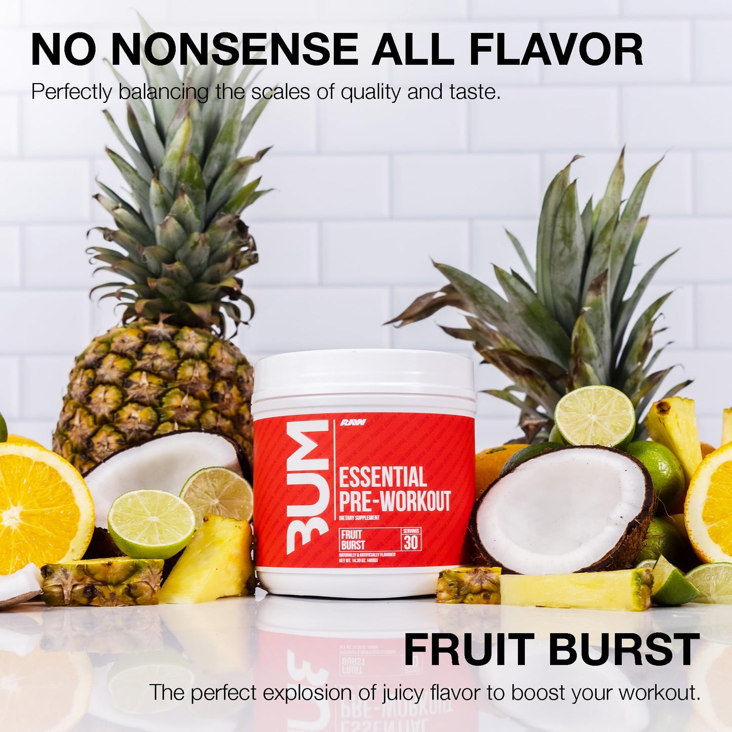 RAW Essential Pre-Workout Powder (Fruit Burst) - Chris Bumstead Sports Nutrition Supplement for Men & Women - Preworkout Energy Powder with Caffeine - Maple Wellness Supplements