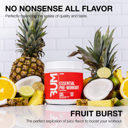 RAW Essential Pre-Workout Powder (Fruit Burst) - Chris Bumstead Sports Nutrition Supplement for Men & Women - Preworkout Energy Powder with Caffeine - Maple Wellness Supplements