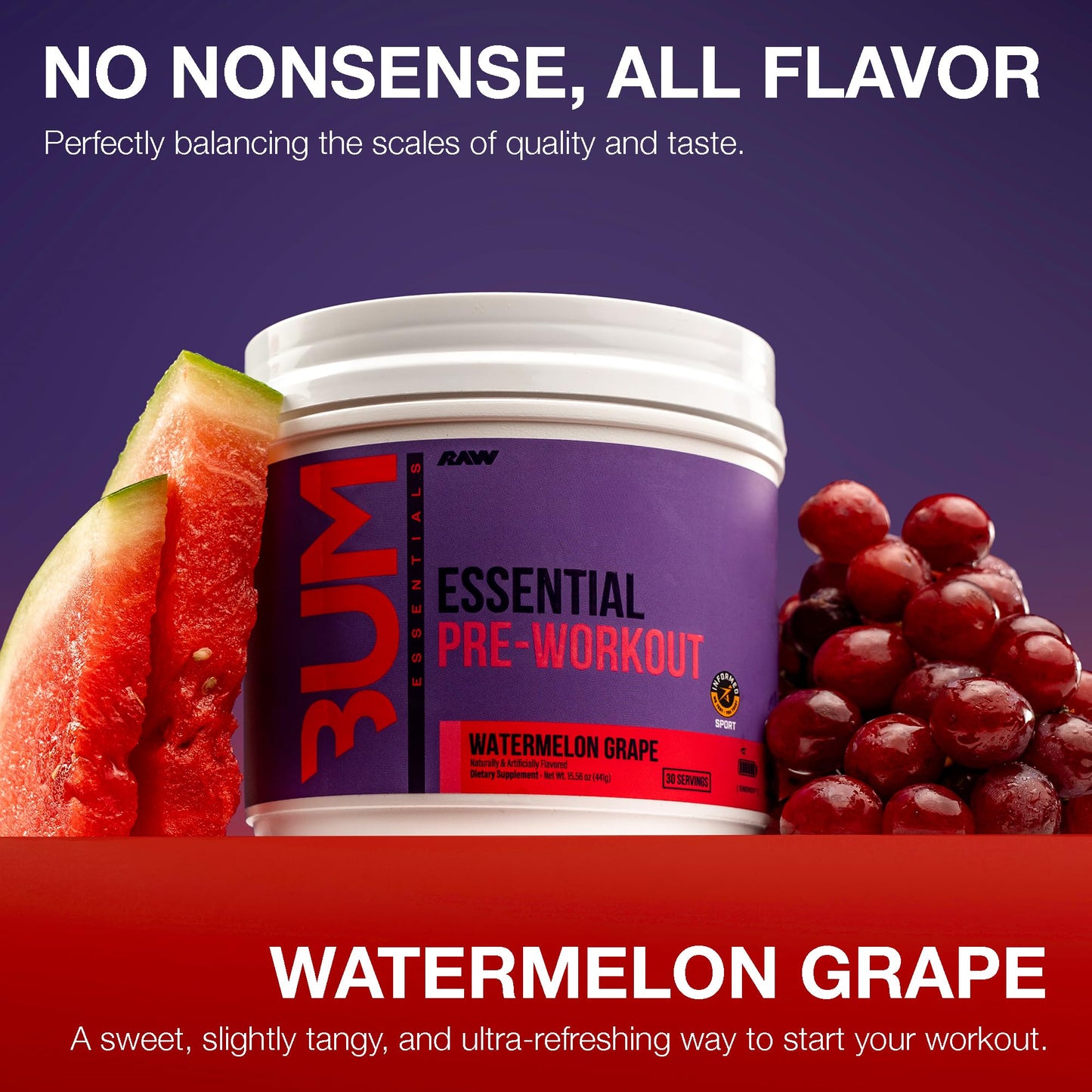 RAW Essential Pre-Workout Powder (Watermelon Grape) - Chris Bumstead Sports Nutrition Supplement for Men & Women - Preworkout Energy Powder with Caffeine, L-Citrulline, - Maple Wellness Supplements