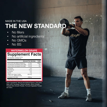 RAW Essential Pre-Workout Powder (Watermelon Grape) - Chris Bumstead Sports Nutrition Supplement for Men & Women - Preworkout Energy Powder with Caffeine, L-Citrulline, - Maple Wellness Supplements