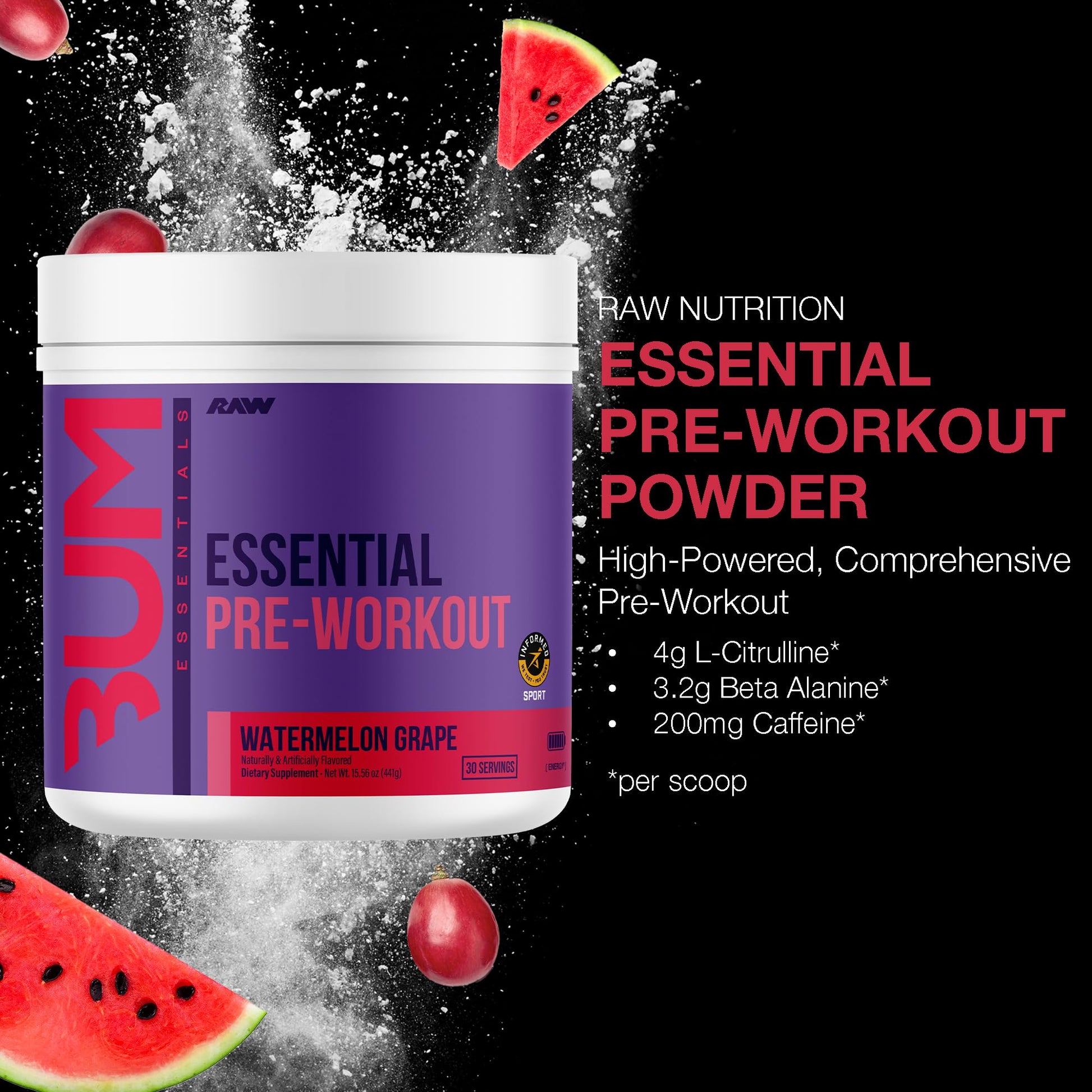 RAW Essential Pre-Workout Powder (Watermelon Grape) - Chris Bumstead Sports Nutrition Supplement for Men & Women - Preworkout Energy Powder with Caffeine, L-Citrulline, - Maple Wellness Supplements