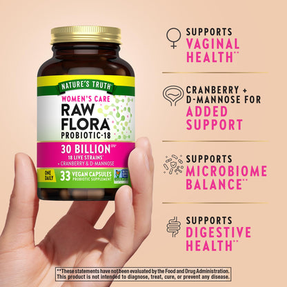 Raw Flora Probiotics for Women | 30 Billion CFU | 33 Capsules | with Cranberry and D-Mannose | Vegan, Non-GMO & Gluten Free Supplement - Maple Wellness Supplements