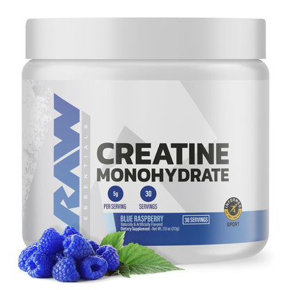 RAW Nutrition Creatine Monohydrate Powder, Blue Raspberry (30 Servings) - Micronized Creatine Monohydrate Supplement for Workout Performance, Build Muscle & Strength - Maple Wellness Supplements