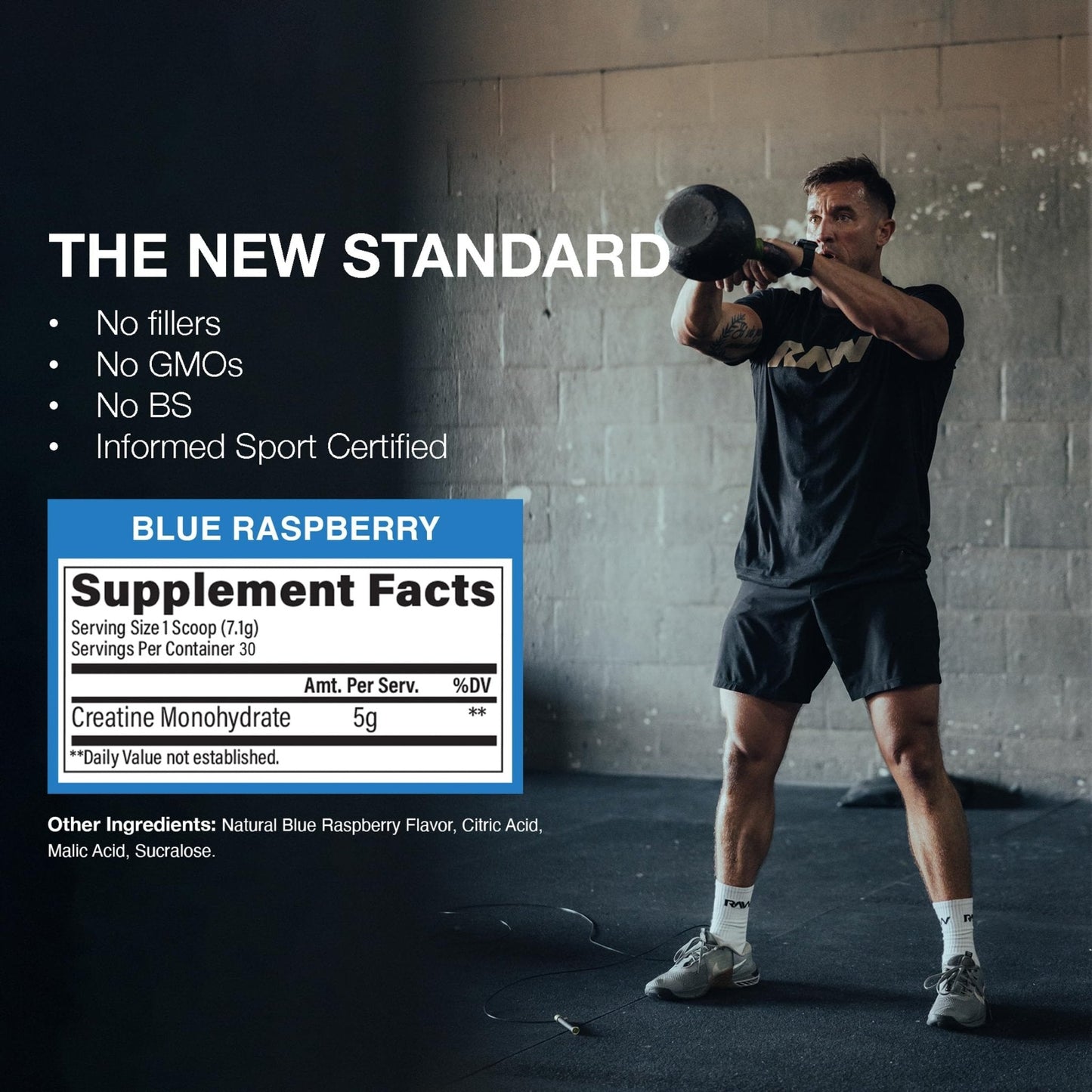 RAW Nutrition Creatine Monohydrate Powder, Blue Raspberry (30 Servings) - Micronized Creatine Monohydrate Supplement for Workout Performance, Build Muscle & Strength - Maple Wellness Supplements