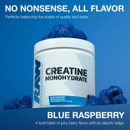 RAW Nutrition Creatine Monohydrate Powder, Blue Raspberry (30 Servings) - Micronized Creatine Monohydrate Supplement for Workout Performance, Build Muscle & Strength - Maple Wellness Supplements