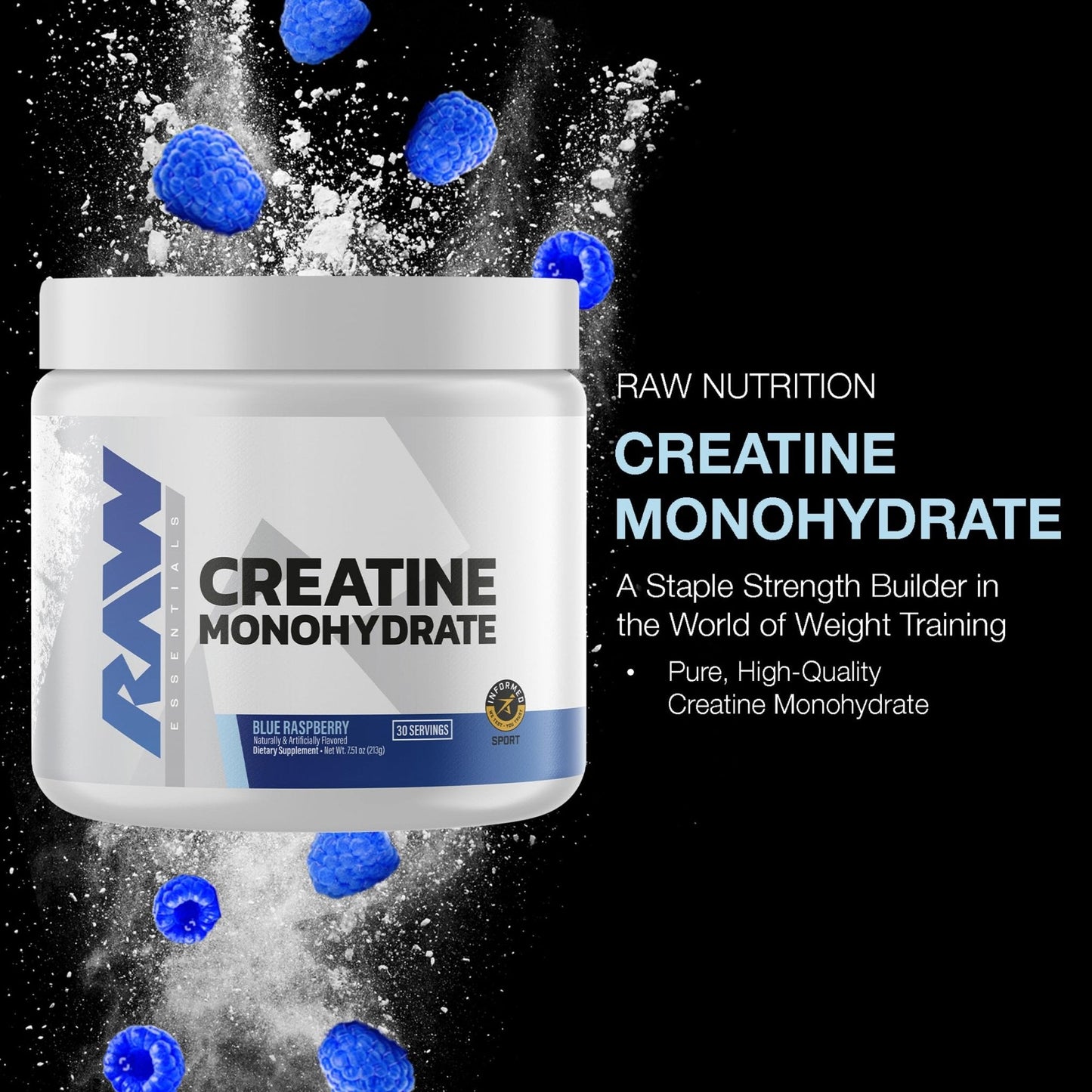 RAW Nutrition Creatine Monohydrate Powder, Blue Raspberry (30 Servings) - Micronized Creatine Monohydrate Supplement for Workout Performance, Build Muscle & Strength - Maple Wellness Supplements