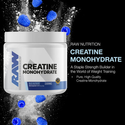 RAW Nutrition Creatine Monohydrate Powder, Blue Raspberry (30 Servings) - Micronized Creatine Monohydrate Supplement for Workout Performance, Build Muscle & Strength - Maple Wellness Supplements
