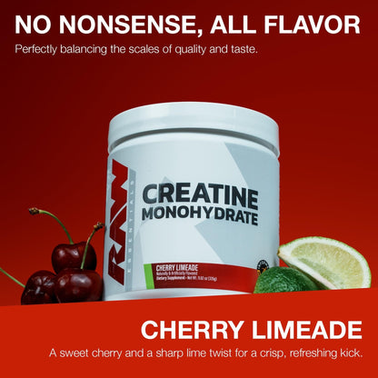 RAW Nutrition Creatine Monohydrate Powder, Cherry Limeade (30 Servings) - Micronized Creatine Monohydrate Supplement for Workout Performance, Build Muscle & Strength - Maple Wellness Supplements