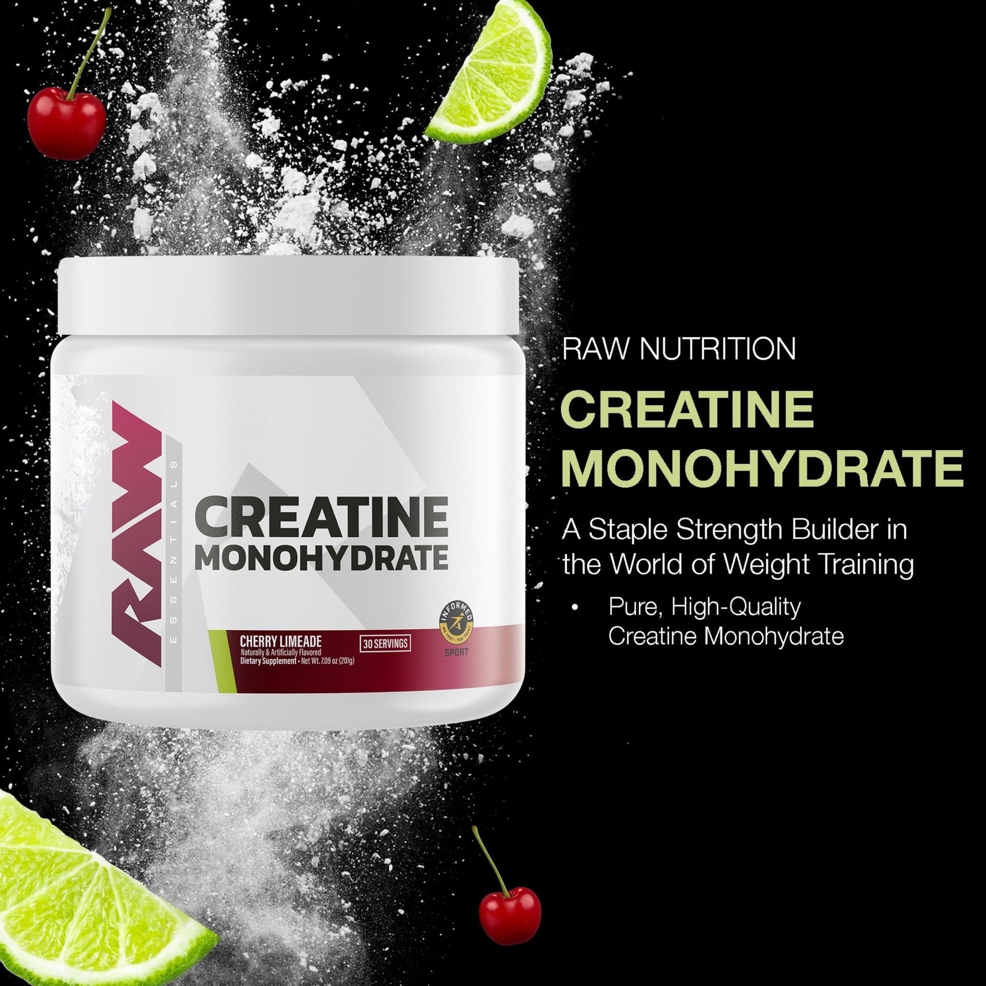 RAW Nutrition Creatine Monohydrate Powder, Cherry Limeade (30 Servings) - Micronized Creatine Monohydrate Supplement for Workout Performance, Build Muscle & Strength - Maple Wellness Supplements