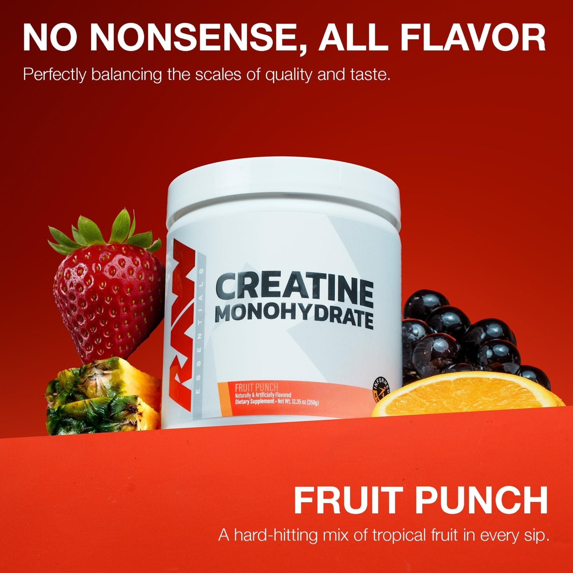 RAW Nutrition Creatine Monohydrate Powder, Fruit Punch (30 Servings) - Micronized Creatine Monohydrate Supplement for Workout Performance, Build Muscle & Strength - Maple Wellness Supplements
