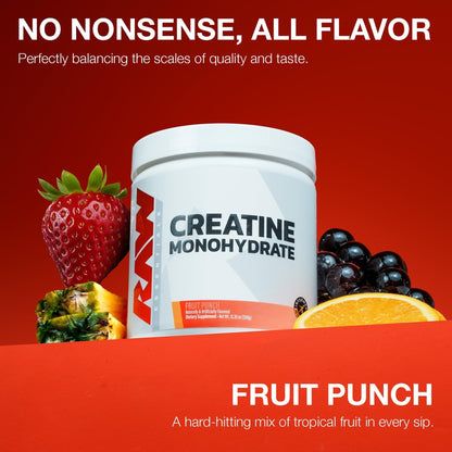 RAW Nutrition Creatine Monohydrate Powder, Fruit Punch (30 Servings) - Micronized Creatine Monohydrate Supplement for Workout Performance, Build Muscle & Strength - Maple Wellness Supplements