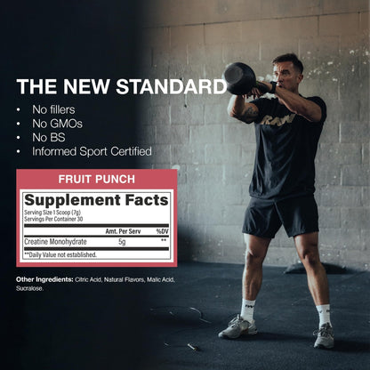 RAW Nutrition Creatine Monohydrate Powder, Fruit Punch (30 Servings) - Micronized Creatine Monohydrate Supplement for Workout Performance, Build Muscle & Strength - Maple Wellness Supplements