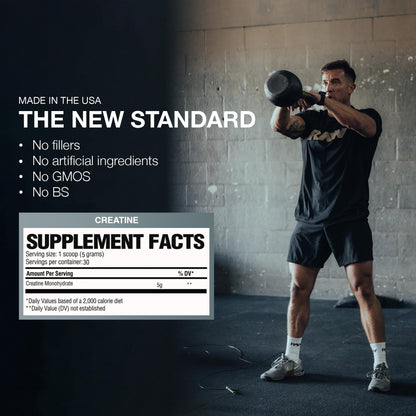 RAW Nutrition Creatine Monohydrate Powder, Unflavored (30 Servings) - Micronized Creatine Monohydrate Supplement for Workout Performance, Build Muscle & Strength - Maple Wellness Supplements