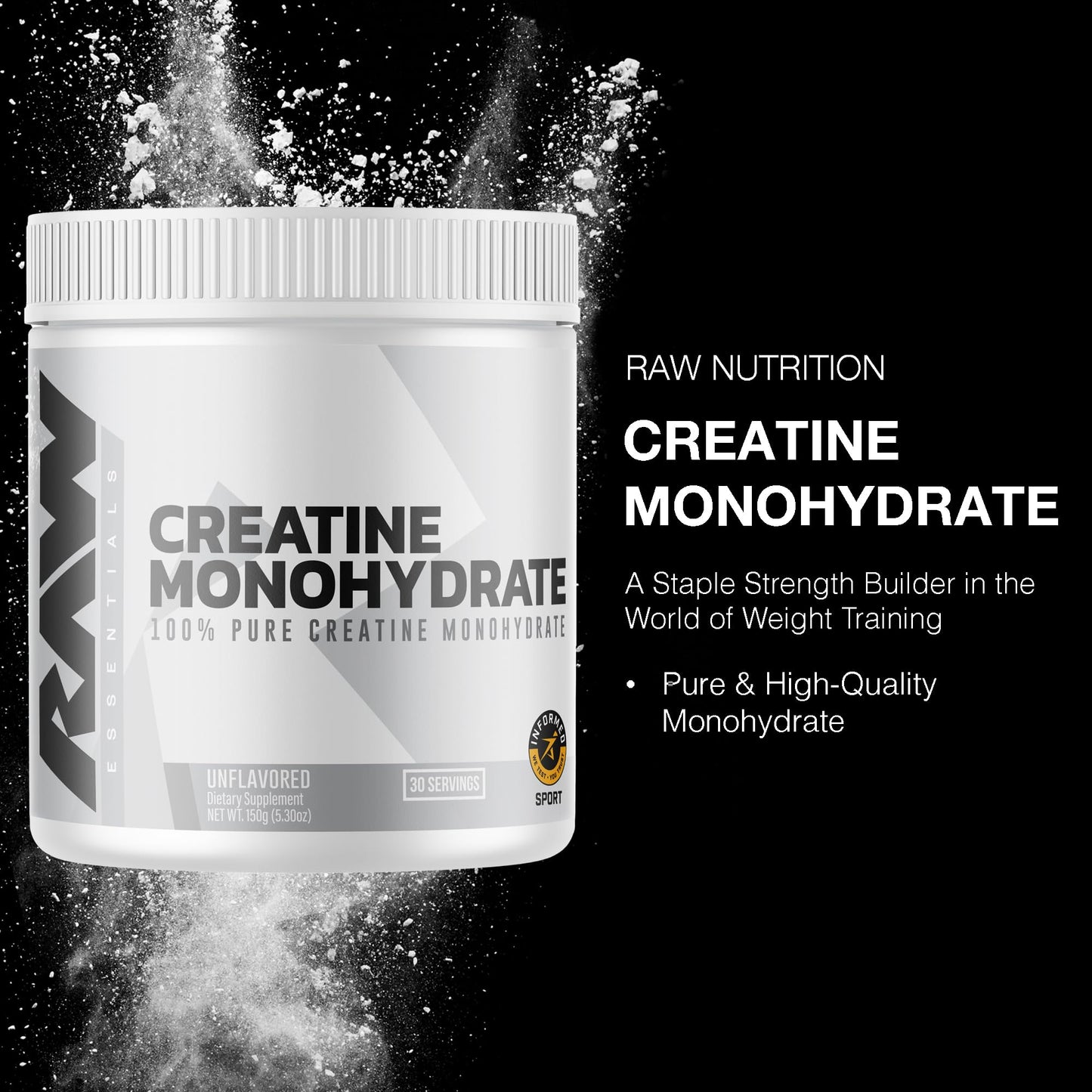 RAW Nutrition Creatine Monohydrate Powder, Unflavored (30 Servings) - Micronized Creatine Monohydrate Supplement for Workout Performance, Build Muscle & Strength - Maple Wellness Supplements