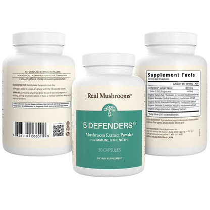 Real Mushrooms 5 Defenders - Adaptogenic Mushrooms Complex with Chaga, Reishi, Turkey Tail, Maitake & Shiitake for Wellness Support - Maple Wellness Supplements