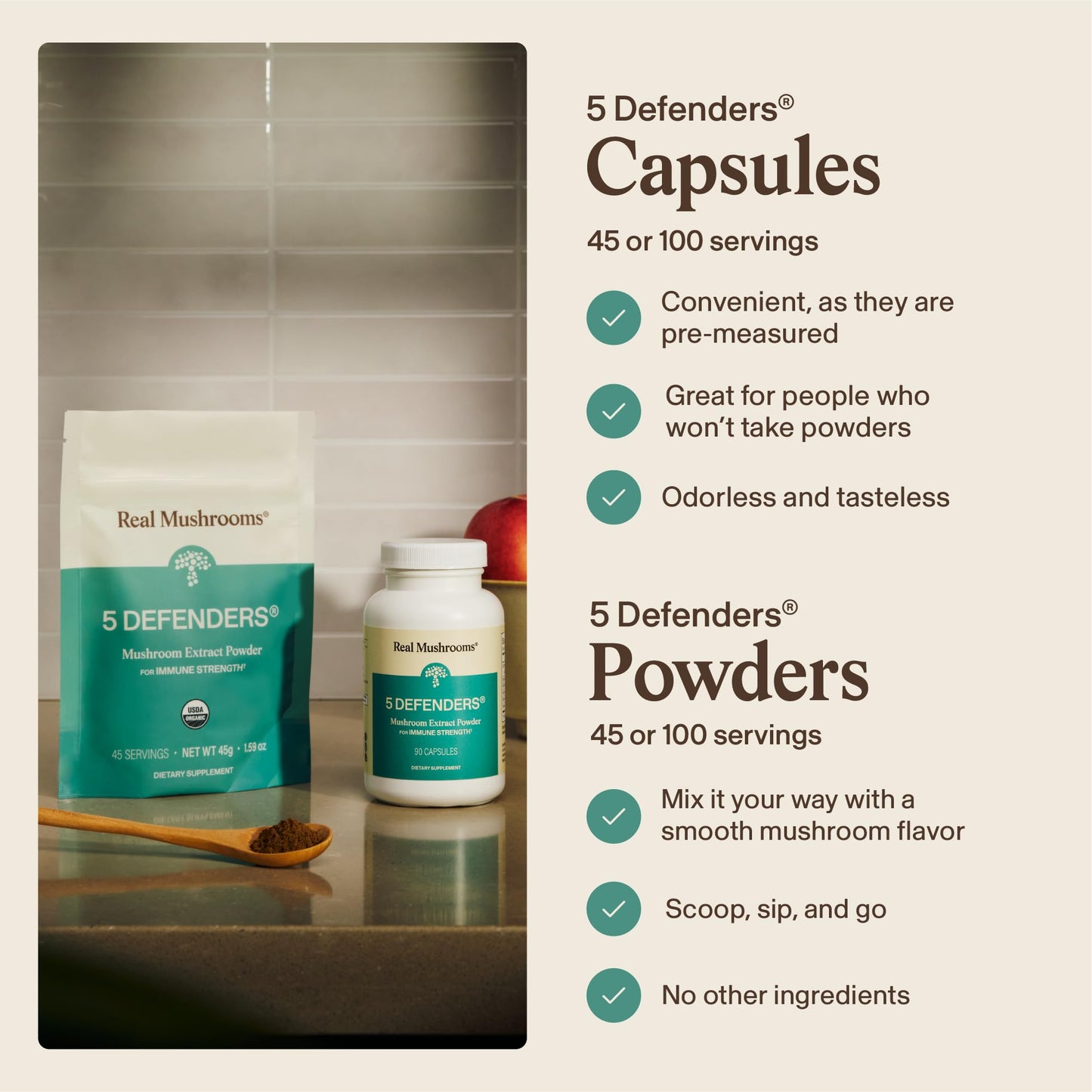 Real Mushrooms 5 Defenders - Adaptogenic Mushrooms Complex with Chaga, Reishi, Turkey Tail, Maitake & Shiitake for Wellness Support - Maple Wellness Supplements
