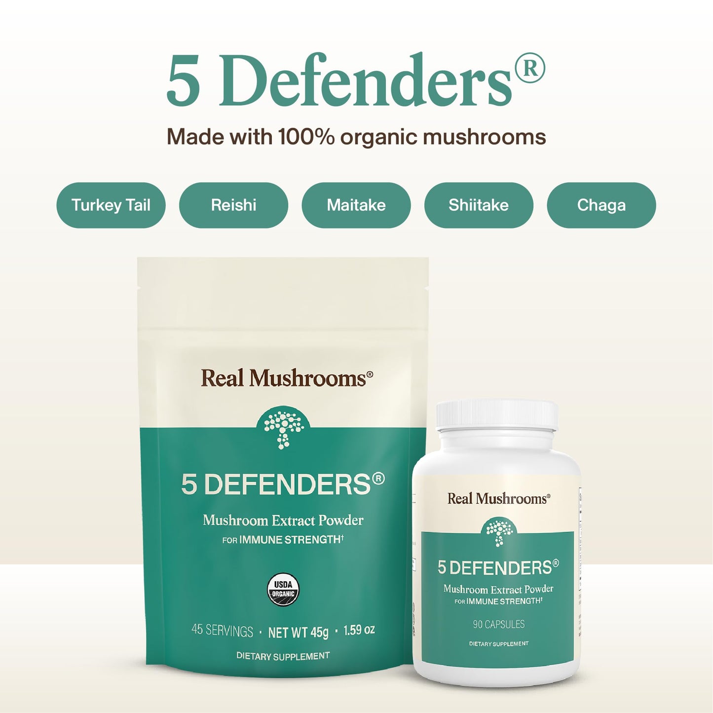 Real Mushrooms 5 Defenders - Adaptogenic Mushrooms Complex with Chaga, Reishi, Turkey Tail, Maitake & Shiitake for Wellness Support - Maple Wellness Supplements