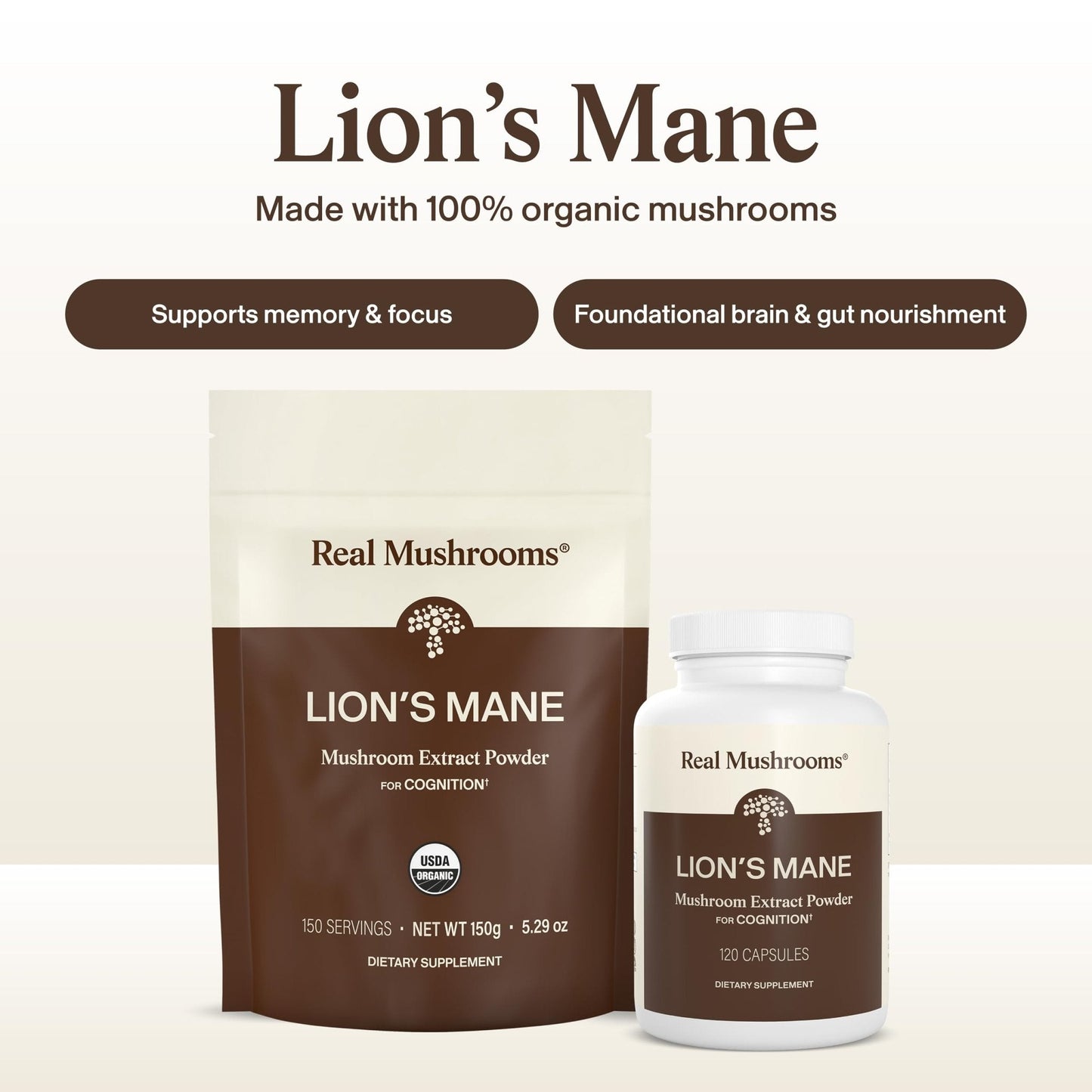 Real Mushrooms Lions Mane Mushroom Cognition (120 Capsules) Lions Mane Mushroom Powder Extract Capsules - Maple Wellness Supplements