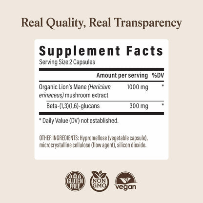 Real Mushrooms Lions Mane Mushroom Cognition (120 Capsules) Lions Mane Mushroom Powder Extract Capsules - Maple Wellness Supplements