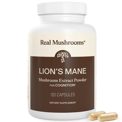 Real Mushrooms Lions Mane Mushroom Cognition (120 Capsules) Lions Mane Mushroom Powder Extract Capsules - Maple Wellness Supplements