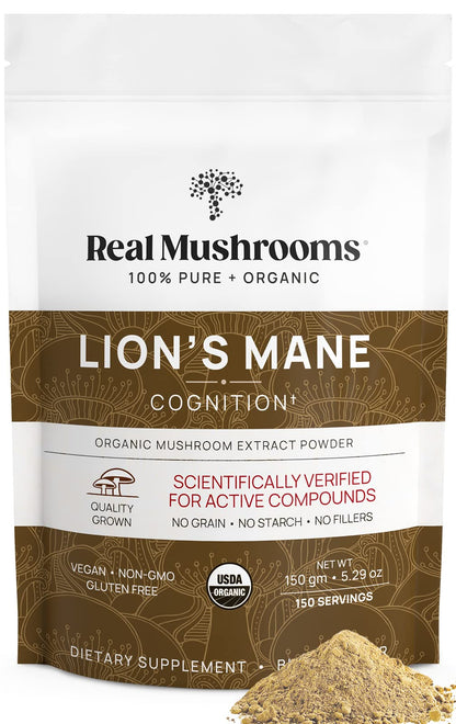 Real Mushrooms Lion’s Mane Powder - Organic Lions Mane Mushroom Extract - Maple Wellness Supplements
