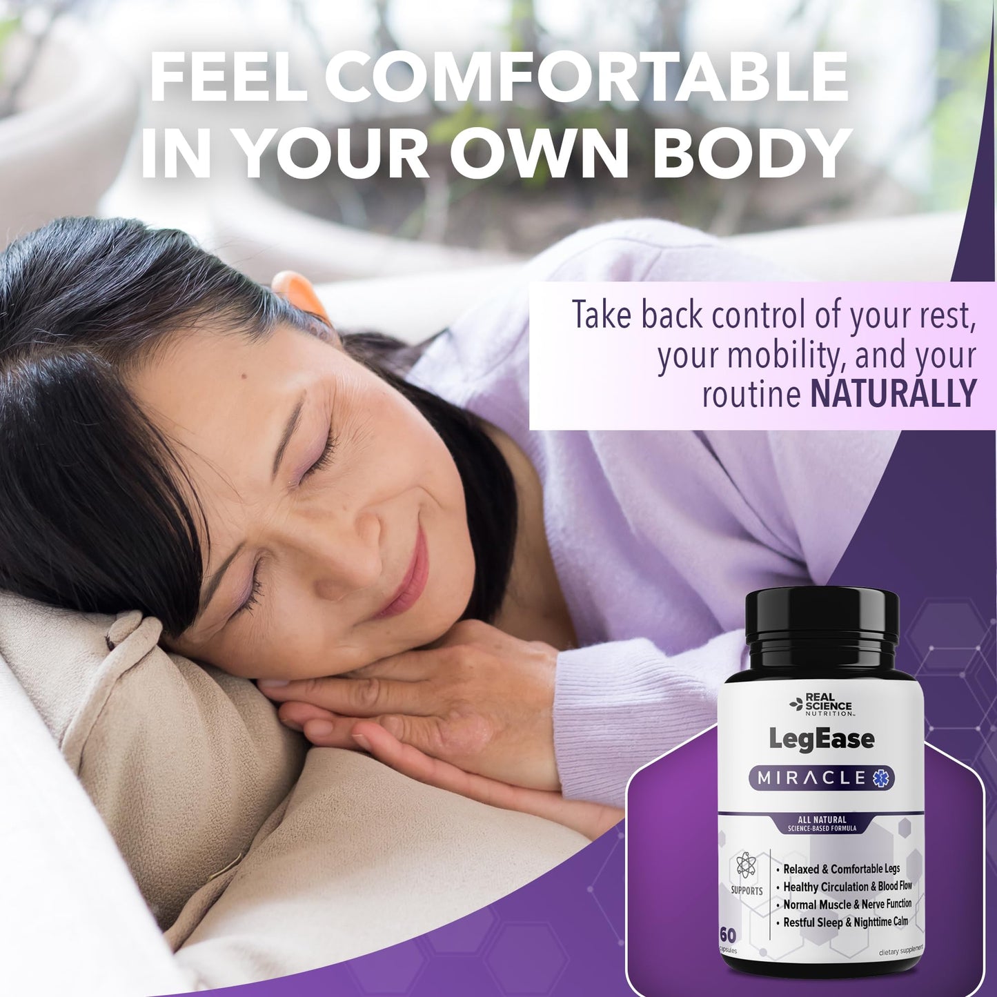 Real Science LegEase Miracle – All Natural Restless Legs Syndrome Relief & Leg Cramp Supplement with Vitamins C, D, K, B6, B12 + Nitric Oxide Support – Sleep & Circulation Aid – Made in USA, 60 Caps - Maple Wellness Supplements