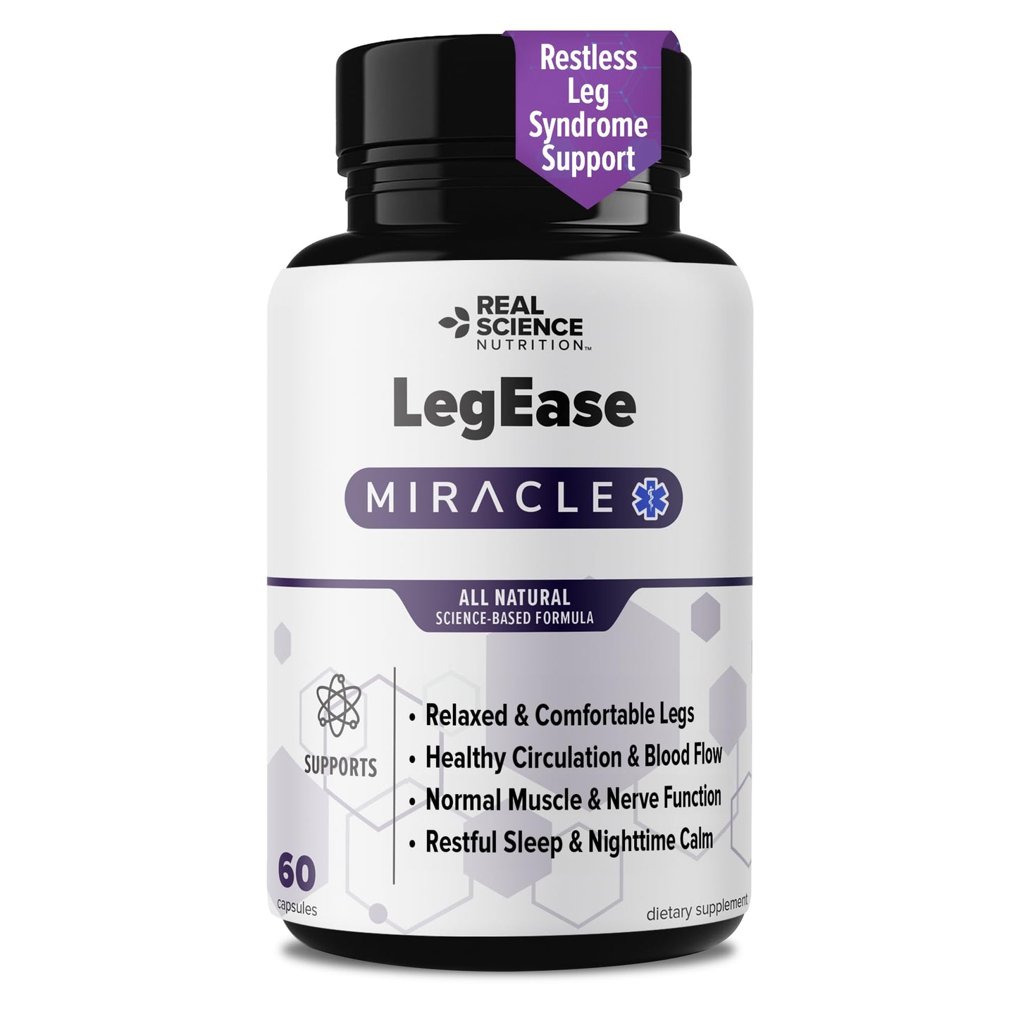 Real Science LegEase Miracle – All Natural Restless Legs Syndrome Relief & Leg Cramp Supplement with Vitamins C, D, K, B6, B12 + Nitric Oxide Support – Sleep & Circulation Aid – Made in USA, 60 Caps - Maple Wellness Supplements