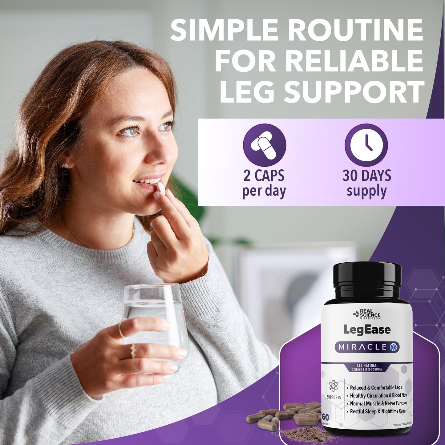 Real Science LegEase Miracle – All Natural Restless Legs Syndrome Relief & Leg Cramp Supplement with Vitamins C, D, K, B6, B12 + Nitric Oxide Support – Sleep & Circulation Aid – Made in USA, 60 Caps - Maple Wellness Supplements