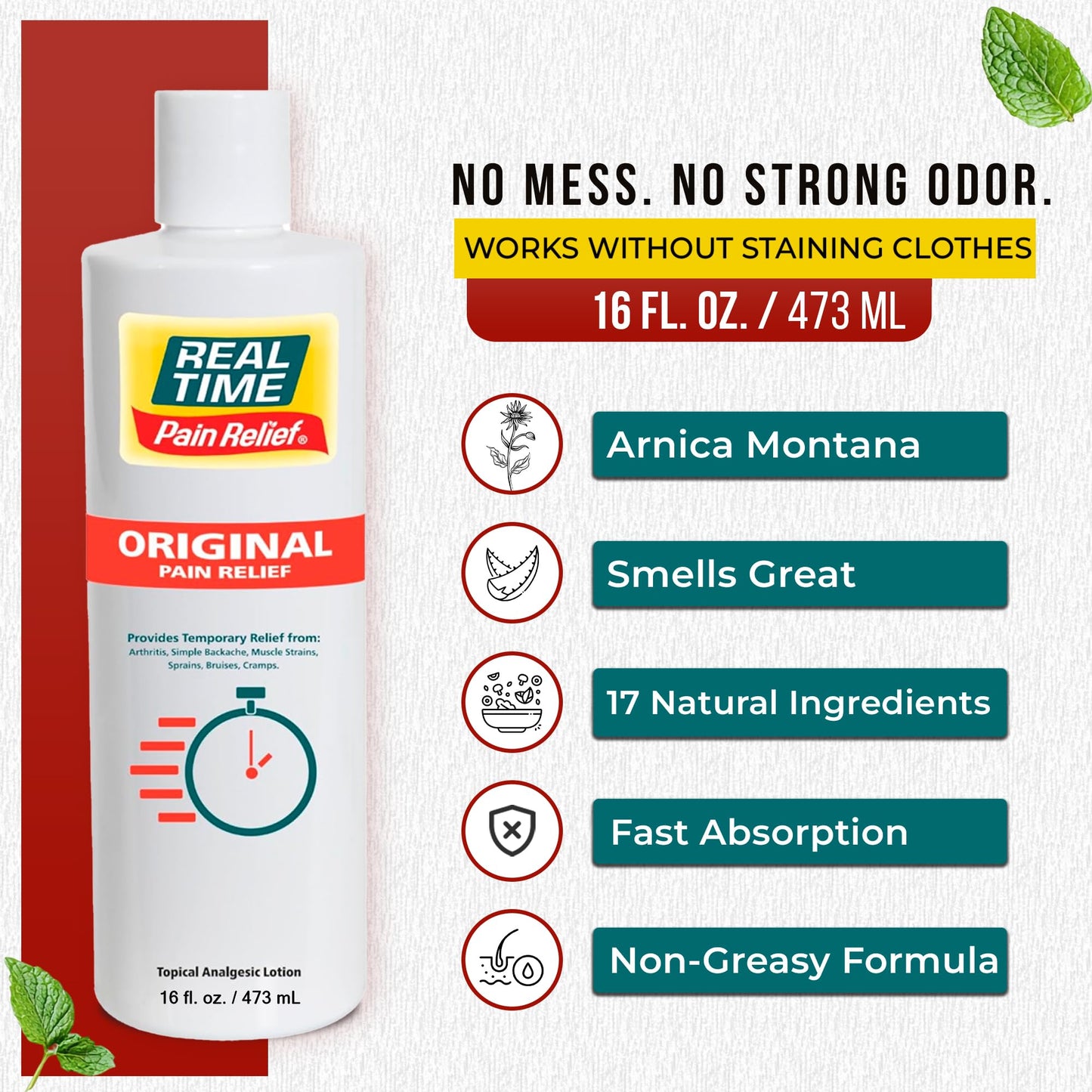 Real Time Pain Relief Cream 16oz Bottle | 17 Natural Ingredients: 1.25% Menthol, Arnica & MSM | Muscle Strain & Joint Discomfort Relief for Arthritis, Cramps, Sprains, Bruises, Hands, Back & Knee Pain - Maple Wellness Supplements