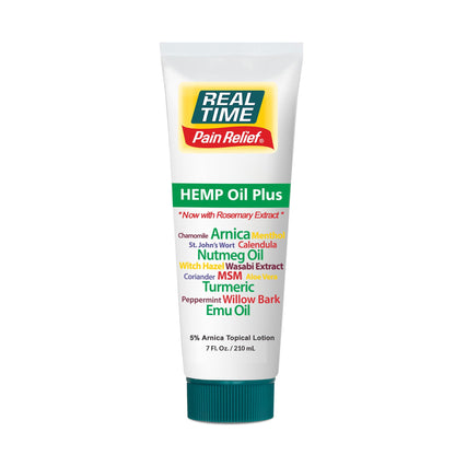 Real Time Pain Relief Hemp Oil Plus 7 oz Tube | 20 Natural Ingredients: 5% Arnica, Turmeric & More | Fast-Absorbing Lotion for Muscles, Hands, Feet, Ankles, Back, Shoulders & Knees - Maple Wellness Supplements
