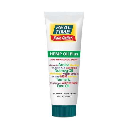 Real Time Pain Relief Hemp Oil Plus 7 oz Tube | 20 Natural Ingredients: 5% Arnica, Turmeric & More | Fast-Absorbing Lotion for Muscles, Hands, Feet, Ankles, Back, Shoulders & Knees - Maple Wellness Supplements