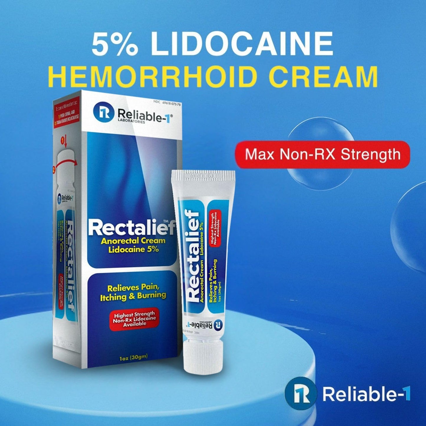 Rectalief 5% Lidocaine Hemorrhoid Cream (Max Non-RX Strength) Reliable-1 Laboratories Soothing Anorectal, Numbing Hemorrhoidal Ointment - Pain, Itching, & Burning, Strongest OTC Anal Treatment, 2-Pack - Maple Wellness Supplements