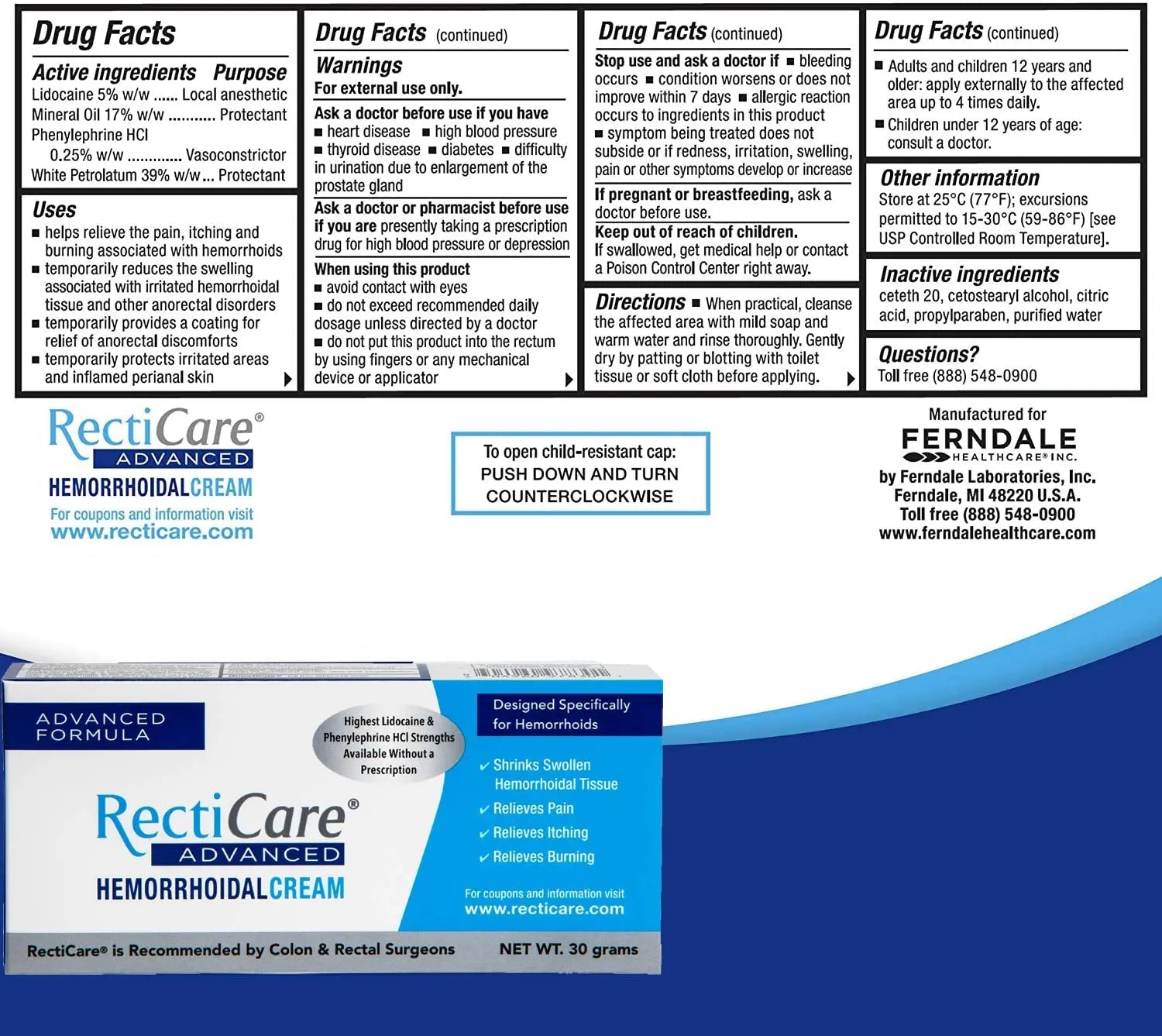 Recticare Advanced Hemorrhoidal Cream: Advanced Treatment to Shrink & Soothe Hemorrhoids - Itch, Pain, Burn Relief - 30g Hemorrhoidal Cream with Lidocaine - Maple Wellness Supplements