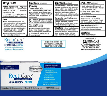 Recticare Advanced Hemorrhoidal Cream: Advanced Treatment to Shrink & Soothe Hemorrhoids - Itch, Pain, Burn Relief - 30g Hemorrhoidal Cream with Lidocaine - Maple Wellness Supplements