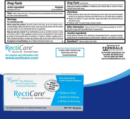 Recticare Anorectal Lidocaine 5% Cream: Topical Numbing Cream for Treatment of Hemorrhoids & Other Anorectal Disorders - 30g Tube - Maple Wellness Supplements