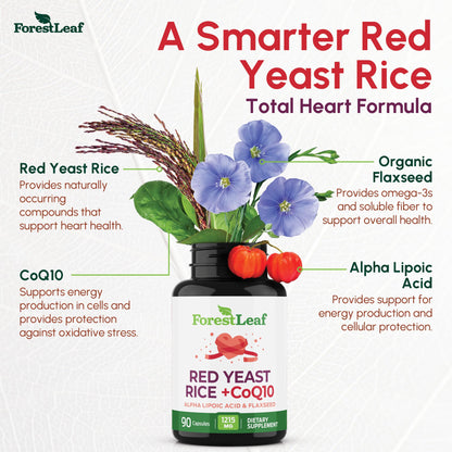 Red Yeast Rice 1215 mg. Capsules - Extra Strength Red Rice Yeast with CoQ10 Supplement, Plus Alpha Lipoic Acid & Organic Flaxseed, Citrinin Free, - Maple Wellness Supplements