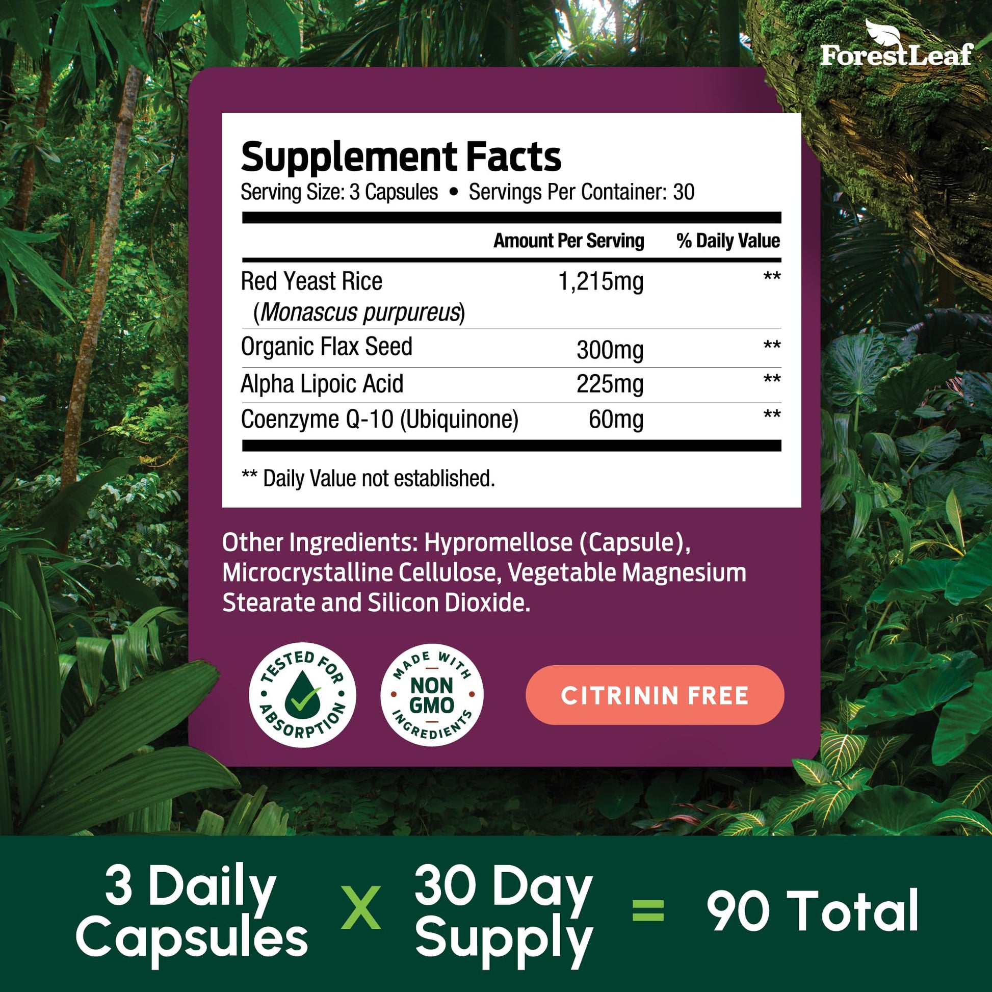 Red Yeast Rice 1215 mg. Capsules - Extra Strength Red Rice Yeast with CoQ10 Supplement, Plus Alpha Lipoic Acid & Organic Flaxseed, Citrinin Free, - Maple Wellness Supplements