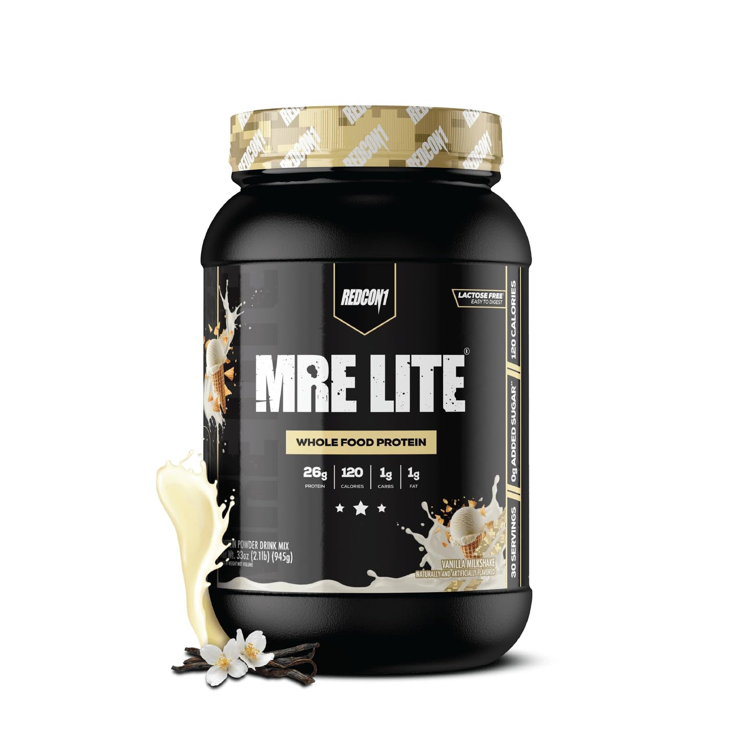 REDCON1 MRE LITE Whole Food Protein Powder, Vanilla Milkshake - Lactose Free & Sugar Free Meal Replacement with Animal Protein Blends - Easy to Digest Formula - Only 1g Carb per Serving (30 Servings) - Maple Wellness Supplements